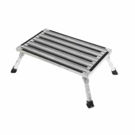 An Extra large platform single folding step with adjustable height legs on a white background.