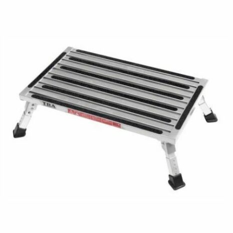 1373662631-2 An extra large platform single folding step with adjustable height legs on a white background.