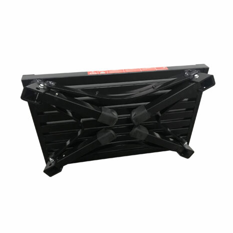 1500939791.jpg Black illuminous single folding portable caravan camping step with warning labels, isolated on a white background.