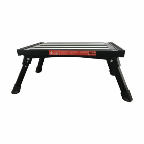 A BLACK Illuminous single folding portable caravan camping step with slip-resistant pads and safety labels displayed on the top surface, isolated on a white background.