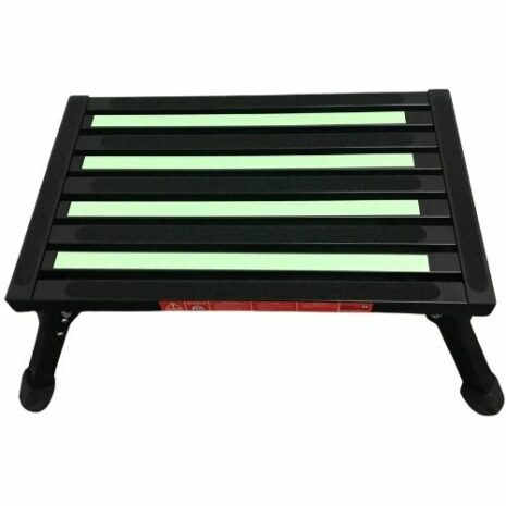 1500964570-scaled A BLACK Illuminous single folding portable caravan camping step with green silicone grips on its slats to prevent slipping, featuring a single folding mechanism for different viewing angles.