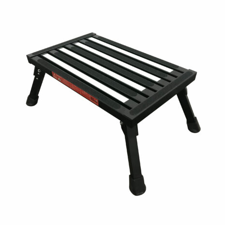 1501025198.jpg A BLACK Illuminous single folding portable caravan camping step with sturdy legs and illuminous nylon straps, isolated on a white background.