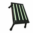 A BLACK Illuminous single folding portable caravan camping step with four curved supporting legs, featuring a slatted top for holding a suitcase, isolated on a white background.