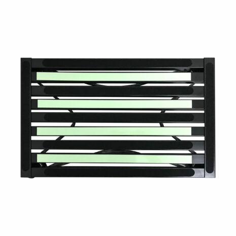 1501025268.jpg A BLACK Illuminous single folding portable caravan camping step with horizontal bars and decorative elements, mounted on a white background.