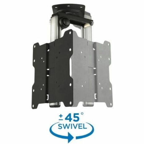 1501059696 A black Roof Mount LCD caravan RV TV bracket for a flat screen TV, featuring a +45 degree swivel capability symbol at the bottom. The bracket is shown against a white background.
