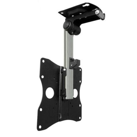 Black adjustable Roof Mount LCD caravan RV TV bracket with a tilting mechanism and extendable arm, isolated on a white background.