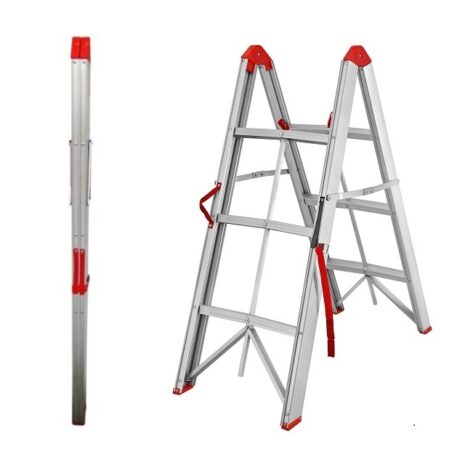 Two images of 3 step aluminium collapsible box stick ladders with carry bags: on the left, a closed extension ladder with red details, and on the right, an open collapsible ladder in an A-frame position.