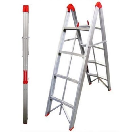 A 4-step aluminium collapsible box stick ladder with carry bag shown in two positions: folded for storage and fully extended for use, with red details on the top and side hinges.