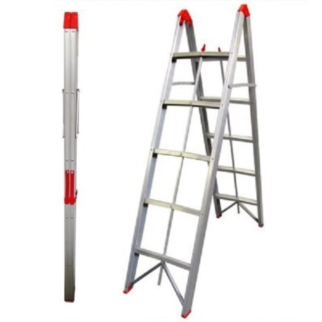 Two 5 step aluminium collapsible box stick ladders with carry bags, one folded and standing upright, and the other open and ready for use, isolated on a white background.