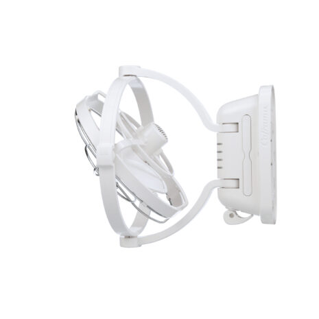 7010CAWBX-03-02 A Sirocco II 12/24V Caravan RV Fan (White) with a round base suitable for an RV or caravan.