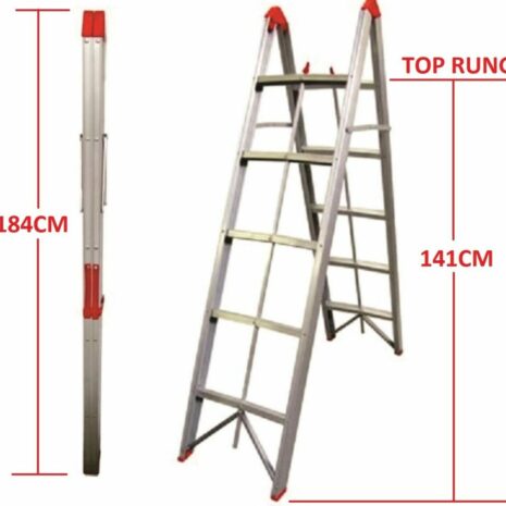Untitled5 Image of a 5 step aluminium collapsible box stick ladder with carry bag, displayed in both closed and open positions with height measurements marked as 184 cm when closed and 141 cm to the top rung when open.