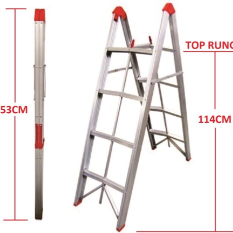 UntitledBBB Image showing a 4-step aluminium collapsible box stick ladder with carry bag in two positions: folded (left) and open (right), with dimensions displayed as 153cm and 114cm to the top rung respectively.