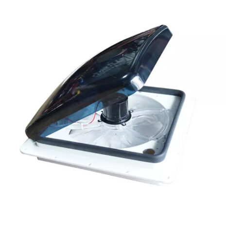 A 12 volt electric rain sensing caravan roof vent hatch with remote with a black cover on top.