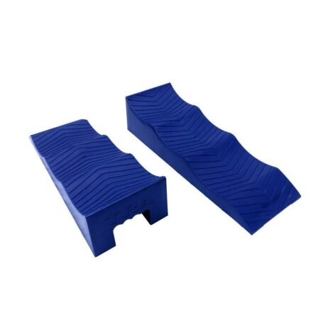 A pair of BLUE 3 stage caravan RV levelling ramps on a white background.