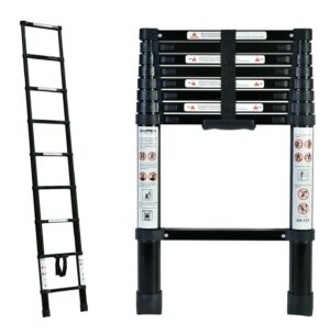 A Black 2.6m Portable telescopic ladder with carry bag with a black handle and a black handle.