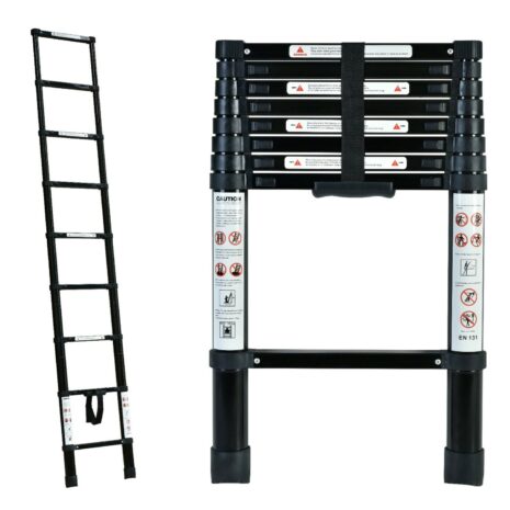 A Black 2.6m Portable telescopic ladder with carry bag with a black handle and a black handle.