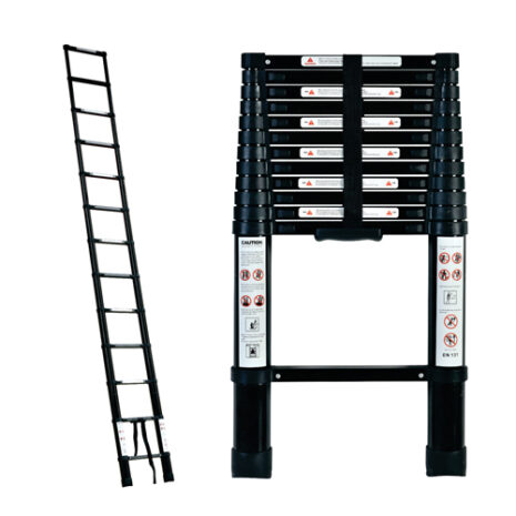 A portable telescopic ladder with carry bag, measuring 3.8m in length and featuring a sleek black design.