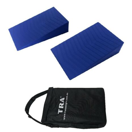 Two BLUE Wedge tandem caravan rv levelling ramps (pair) with bag and a bag.
