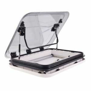 A XXL Caravan RV Skylight Roof Vent Hatch 800x500mm Cut out with a lid open on a white background.