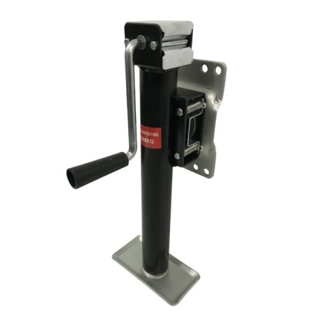 A black and white picture of a 2000kg Caravan Trailer Manual Jack Stand with draw bar fitment on a white background.