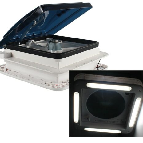 A white 12V SHOWER ROOF VENT WITH LED LIGHTS & TINTED LID.
