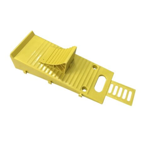 A yellow plastic tray with a handle and single axle.