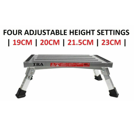 Four adjustable height settings on a single folding portable caravan step with adjustable legs.