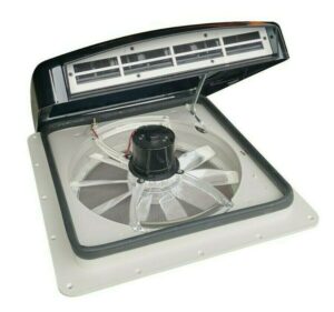 A Black Tra Electric 12V Air/Rain Roof Vent Hatch With Remote On A White Background.