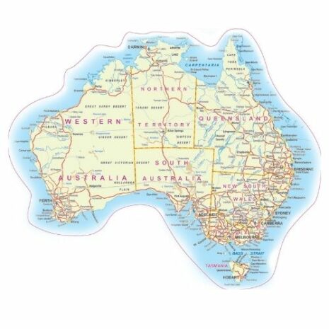 An Australia Map Decal Sticker #1 with roads and cities.