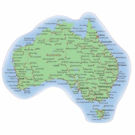 An Australia Map Decal Sticker #3 with major cities and towns.