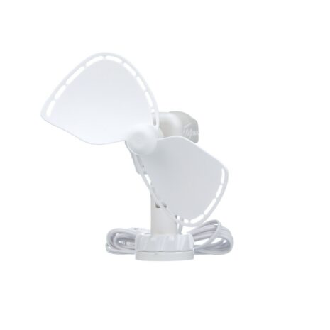 An Ultimate 747 12V Caravan RV Fan (White) sitting on top of a white surface.