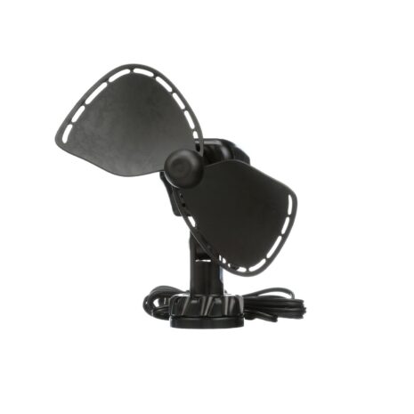 An Ultimate 747 12V Caravan RV Fan (Black) on top of a white background.
