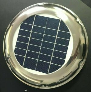 A round Chrome 2.5w Solar Power Ventilation Fan on a surface (requires sunlight for operation).