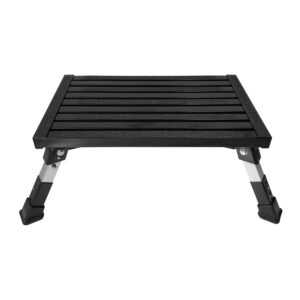 A BLACK Single folding portable caravan step with adjustable legs on a white background.