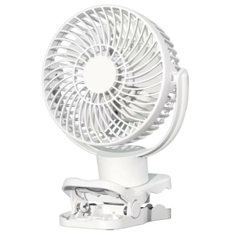 A White USB Portable Camping Fan with LED Light and Remote Control on top of a white background.