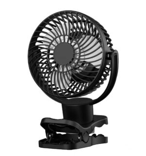 A portable camping fan with LED light and remote control, black in color and USB compatible.