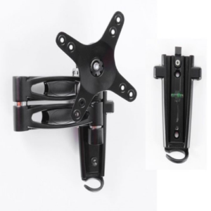 A black Dual arm LCD caravan RV TV bracket with 2 mounting brackets.