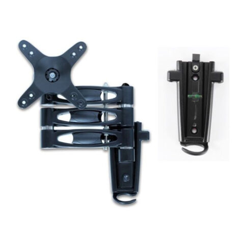 A Triple arm LCD caravan RV TV bracket with 2 mounting brackets with a hook attached to it.