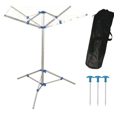 A Portable folding rotary camping caravan clothes line with carry bag and a pair of scissors.