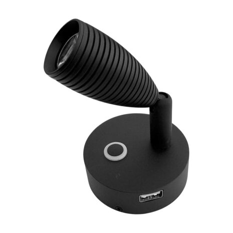 A BLACK 12 VOLT 6000K LED READING LIGHT WITH USB CHARGING PORT with a black base on a white background.