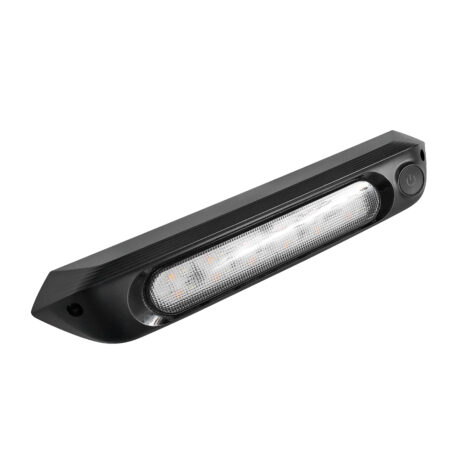 A BLACK 287mm 12V LED AWNING LIGHT WITH WHITE LIGHTS AND SWITCH IP67 on a white background.