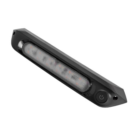 A BLACK 287mm 12V LED AWNING LIGHT WITH WHITE LIGHTS AND SWITCH IP67 on a white background.