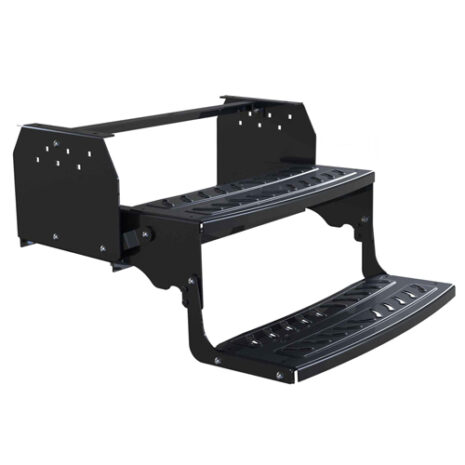 Double Black Steel Caravan Step with Steel Tread dual monitor stand with a tiered design, featuring upper and lower platforms for supporting electronic devices, and multiple ventilation holes. Constructed from black steel for added durability.