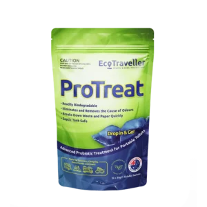 Green packaged Ecotraveller Protreat portable toilet treatment with caution label and product details visible.