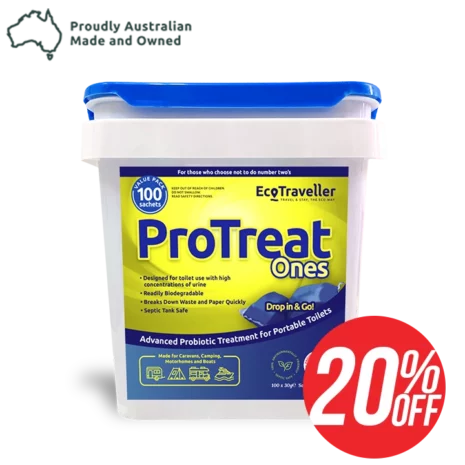 A container of EcoTraveller ProTreat ONES 100 Pack eco drops, a sanitizing solution for portable toilets, with a blue lid and a promotional 20% off sticker, isolated on a transparent background.