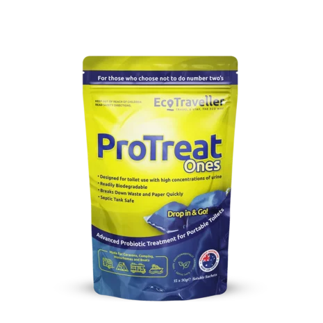 A package of EcoTraveller ProTreat ONES Refill, designed for portable toilet use, featuring text and icons indicating its eco-friendly properties, such as being biodegradable and safe for septic.