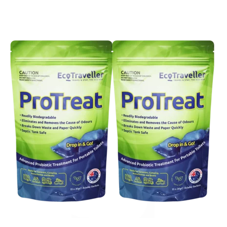 Two green packaged Ecotraveller Protreat portable toilet treatment with caution label and product details visible.