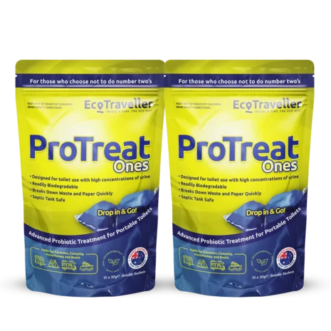 Two refill packs of EcoTraveller ProTreat ONES Refill (2 Pack) portable toilet treatment on a shelf, labeled for waste management with probiotics, mentioning features like drop-and-go sachets and safe for