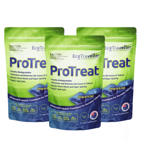 Three green packaged Ecotraveller Protreat portable toilet treatment with caution label and product details visible.