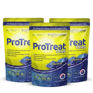Three blue and yellow packages of EcoTraveller ProTreat ONES Refill (2 Pack), a probiotic treatment for portable toilets, displayed against a reflective surface.